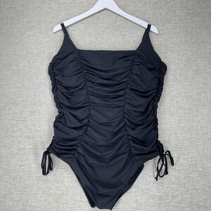 Becca ETC Swimsuit Womens 2X Black One Piece Paula Ruched‎ Adjustable Tie Back